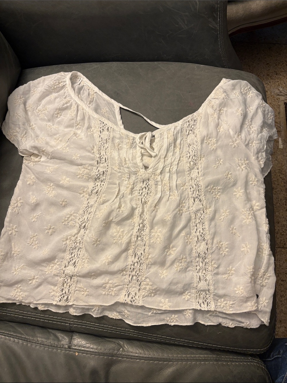 Abercrombie & Fitch White Embroidered Lace-Panel Peasant Top